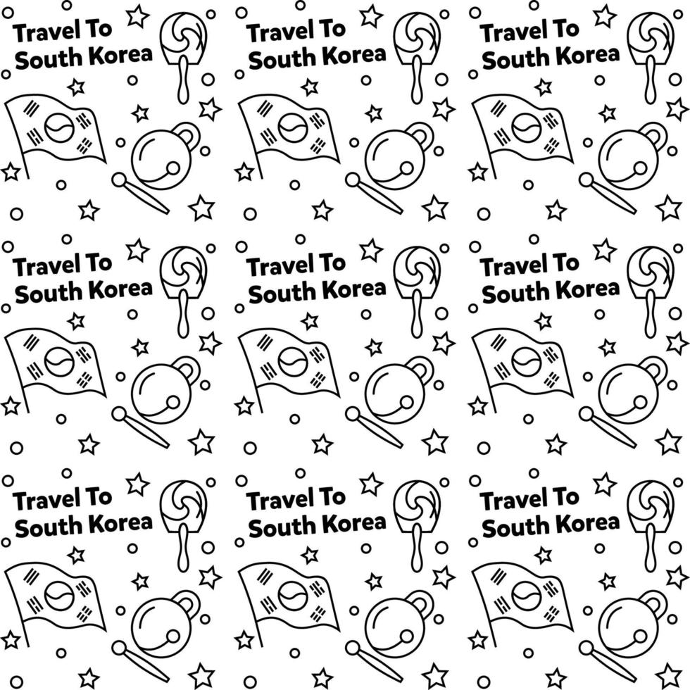 Travel to South Korea doodle seamless pattern vector design. Kimchi, Map, Flag icons identic with south Korea