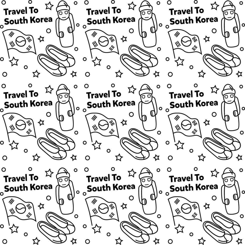 Travel to South Korea doodle seamless pattern vector design. Kimchi, Map, Flag icons identic with south Korea