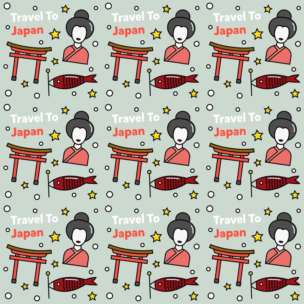 viajar a japón doodle diseño de vector de patrones sin fisuras. sushi, fuji, origami son íconos idénticos a japón.