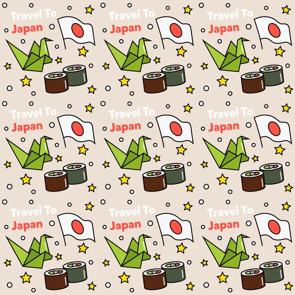 Travel to Japan doodle seamless pattern vector design. Sushi, Fuji, origami are icons identic with Japan.