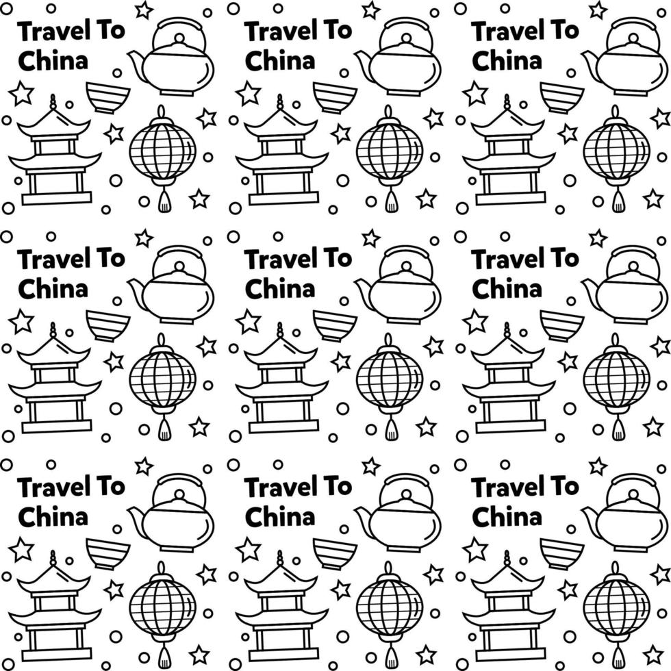 viajar a china doodle diseño de vector de patrones sin fisuras. linterna, panda y fideos son íconos idénticos con china.