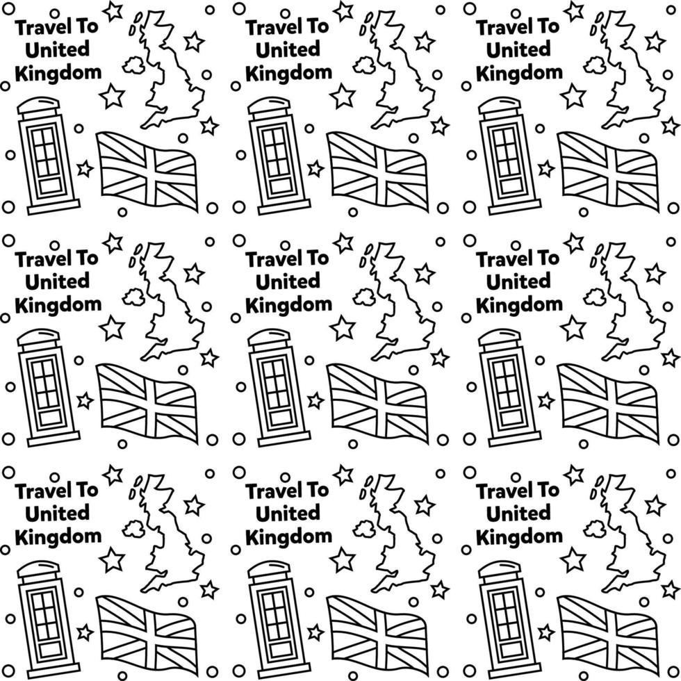 viajar a reino unido doodle diseño de vector de patrones sin fisuras. autobús, mapa y bandera son iconos idénticos con el Reino Unido