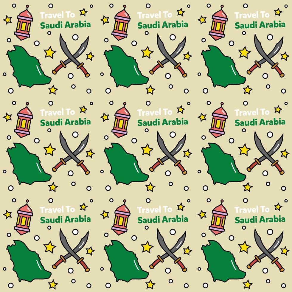 Travel to Saudi Arabia doodle seamless pattern vector design. Camel. Ka'bah, Flag are identic icons with Saudi Arabia