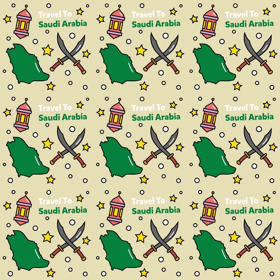 viajar a arabia saudita doodle diseño vectorial de patrones sin fisuras. camello. ka'bah, la bandera son iconos idénticos con arabia saudita vector