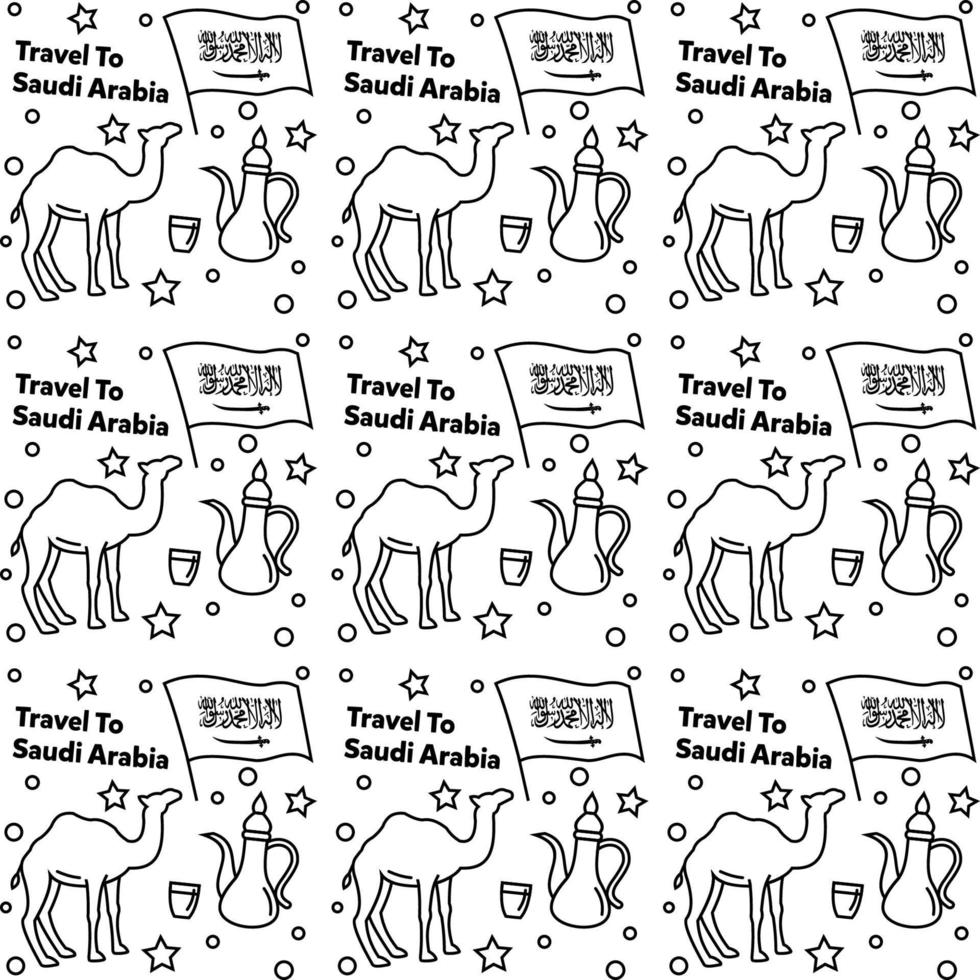 viajar a arabia saudita doodle diseño vectorial de patrones sin fisuras. camello. ka'bah, la bandera son iconos idénticos con arabia saudita vector