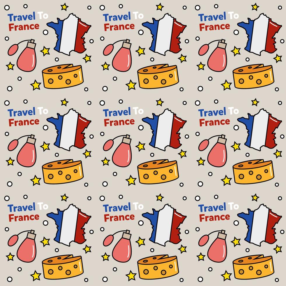 Travel to France doodle seamless pattern vector design. Wine, Rooster, Cheese are identic icons with France