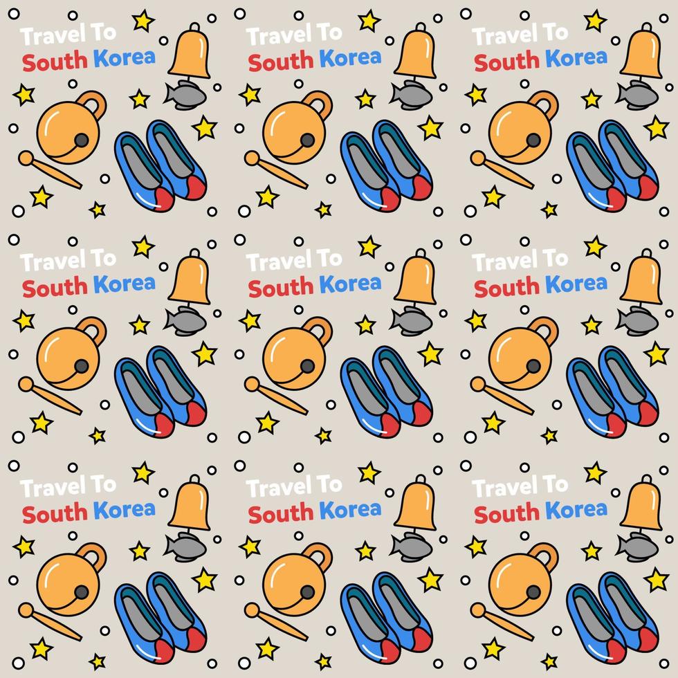 viajar a corea del sur doodle diseño de vector de patrones sin fisuras. kimchi, mapa, iconos de bandera idénticos a los de corea del sur