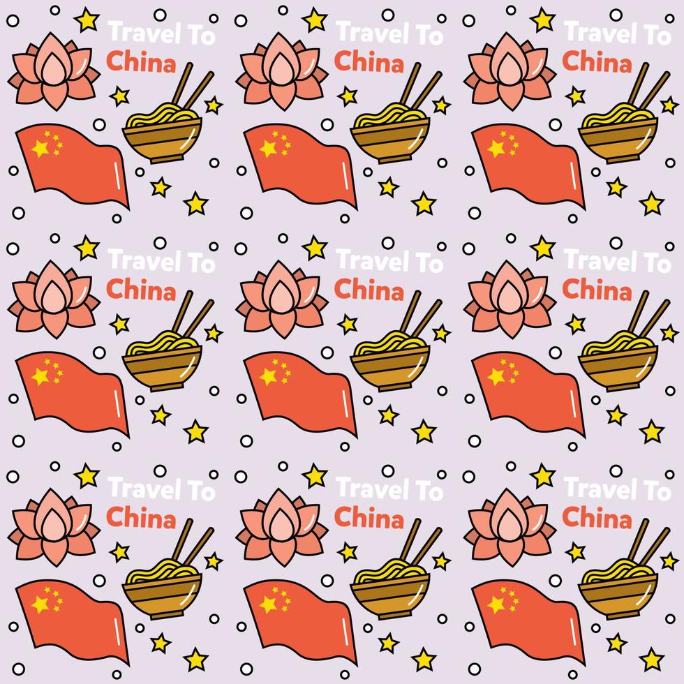Travel to China doodle seamless pattern vector design. Lantern, Panda and noodle are identic icon with China.