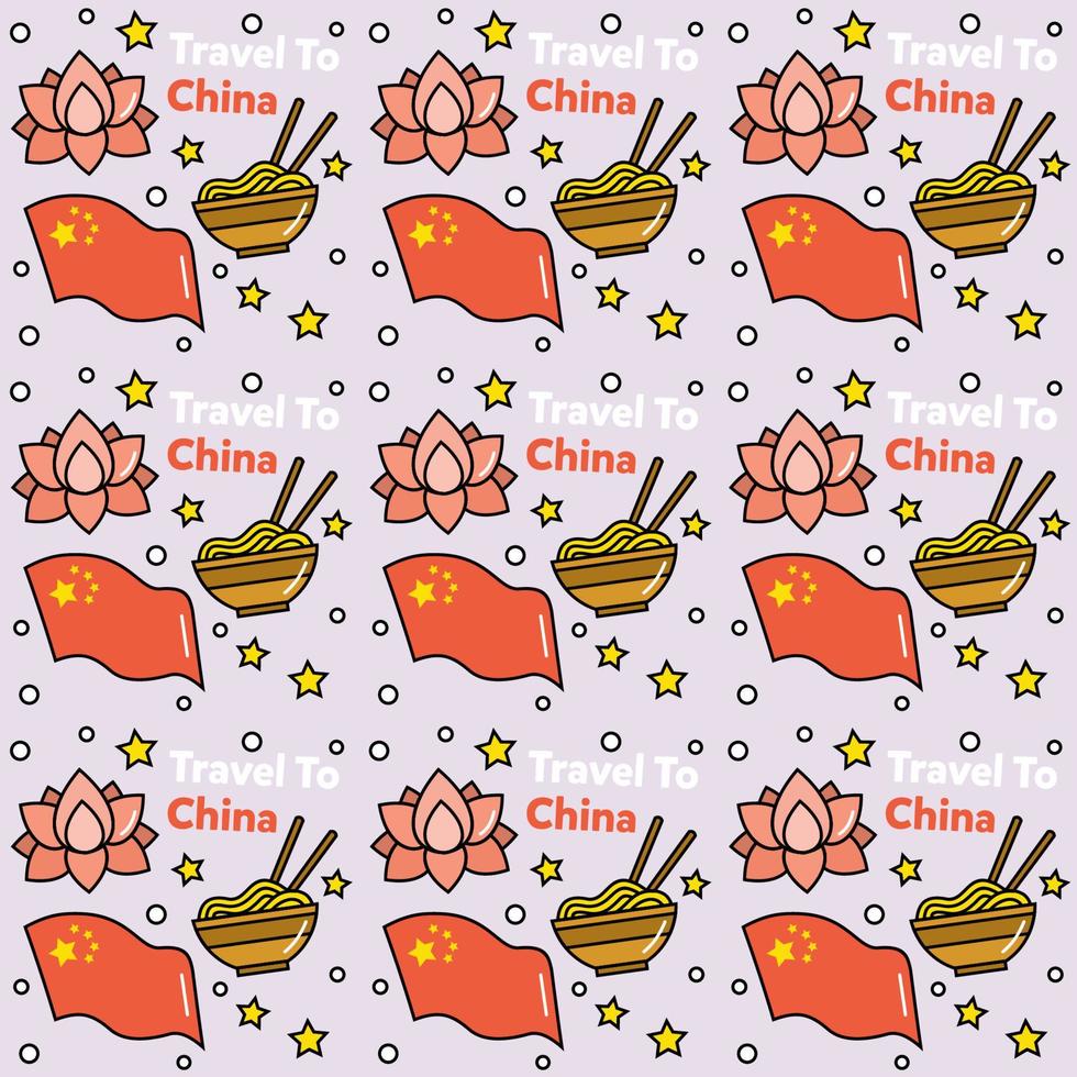 viajar a china doodle diseño de vector de patrones sin fisuras. linterna, panda y fideos son íconos idénticos con china.