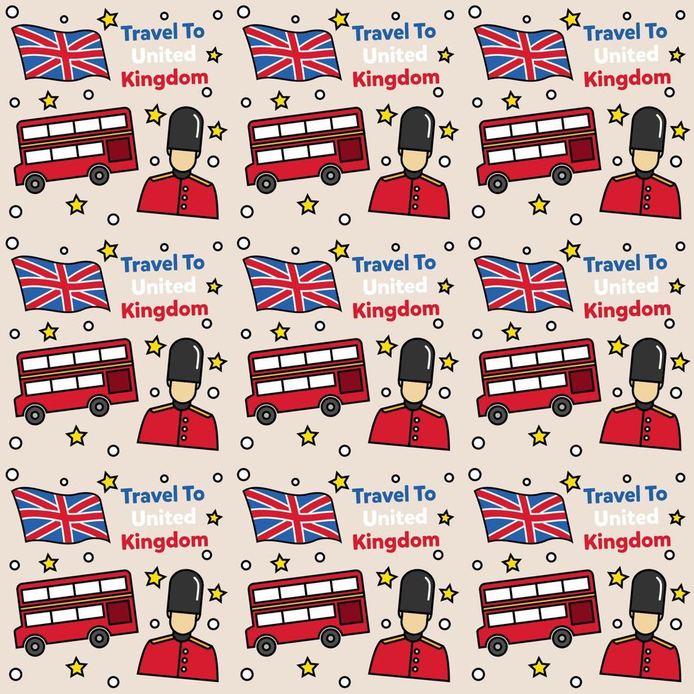 Travel to United Kingdom doodle seamless pattern vector design. Bus, Map and Flag are identic icons with UK