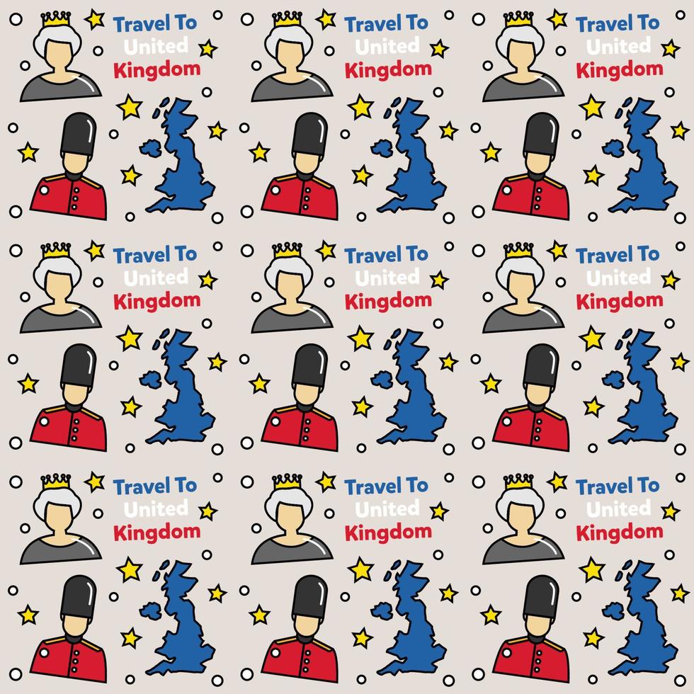 Travel to United Kingdom doodle seamless pattern vector design. Bus, Map and Flag are identic icons with UK