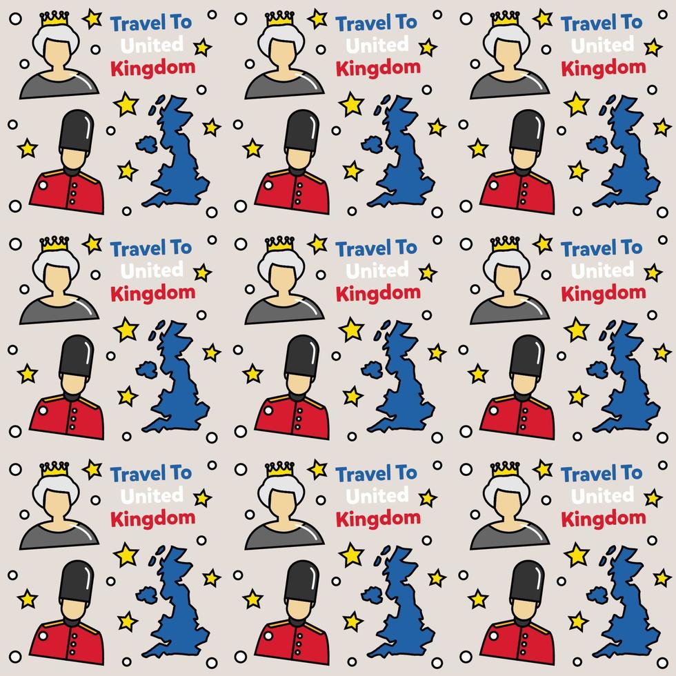 Travel to United Kingdom doodle seamless pattern vector design. Bus, Map and Flag are identic icons with UK