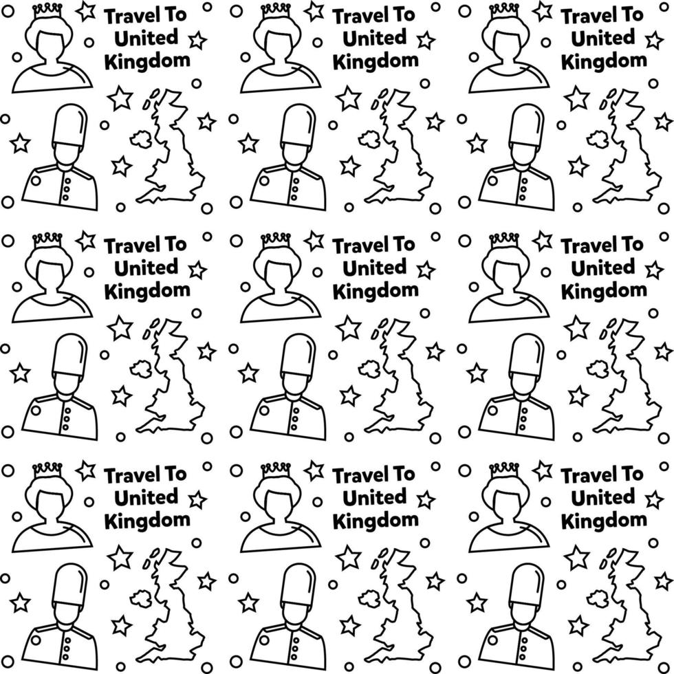 Travel to United Kingdom doodle seamless pattern vector design. Bus, Map and Flag are identic icons with UK