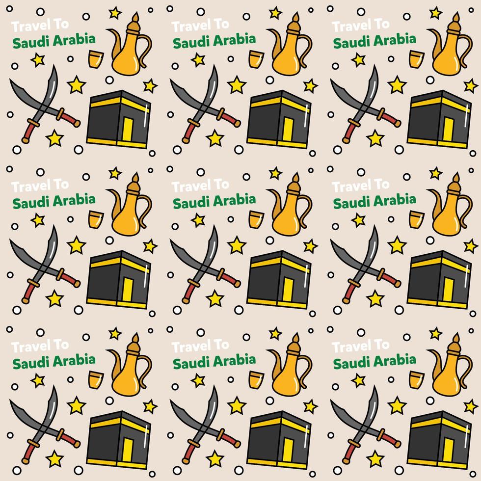 Travel to Saudi Arabia doodle seamless pattern vector design. Camel. Ka'bah, Flag are identic icons with Saudi Arabia