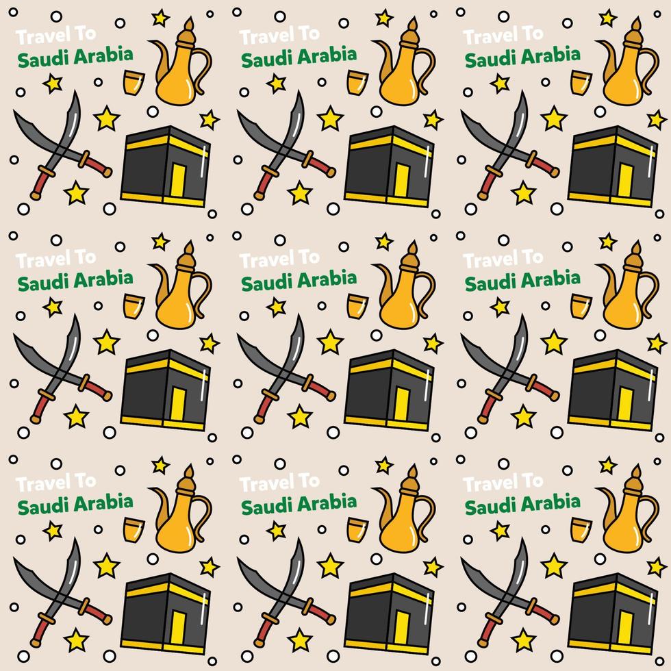 viajar a arabia saudita doodle diseño vectorial de patrones sin fisuras. camello. ka'bah, la bandera son iconos idénticos con arabia saudita vector