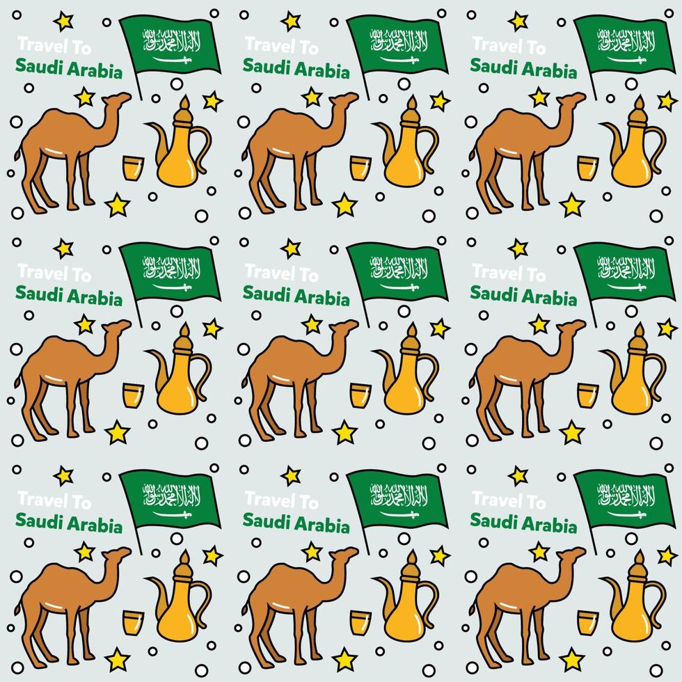 Travel to Saudi Arabia doodle seamless pattern vector design. Camel. Ka'bah, Flag are identic icons with Saudi Arabia
