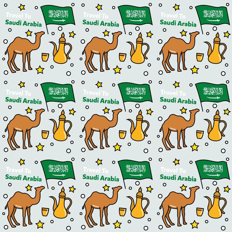 Travel to Saudi Arabia doodle seamless pattern vector design. Camel. Ka'bah, Flag are identic icons with Saudi Arabia