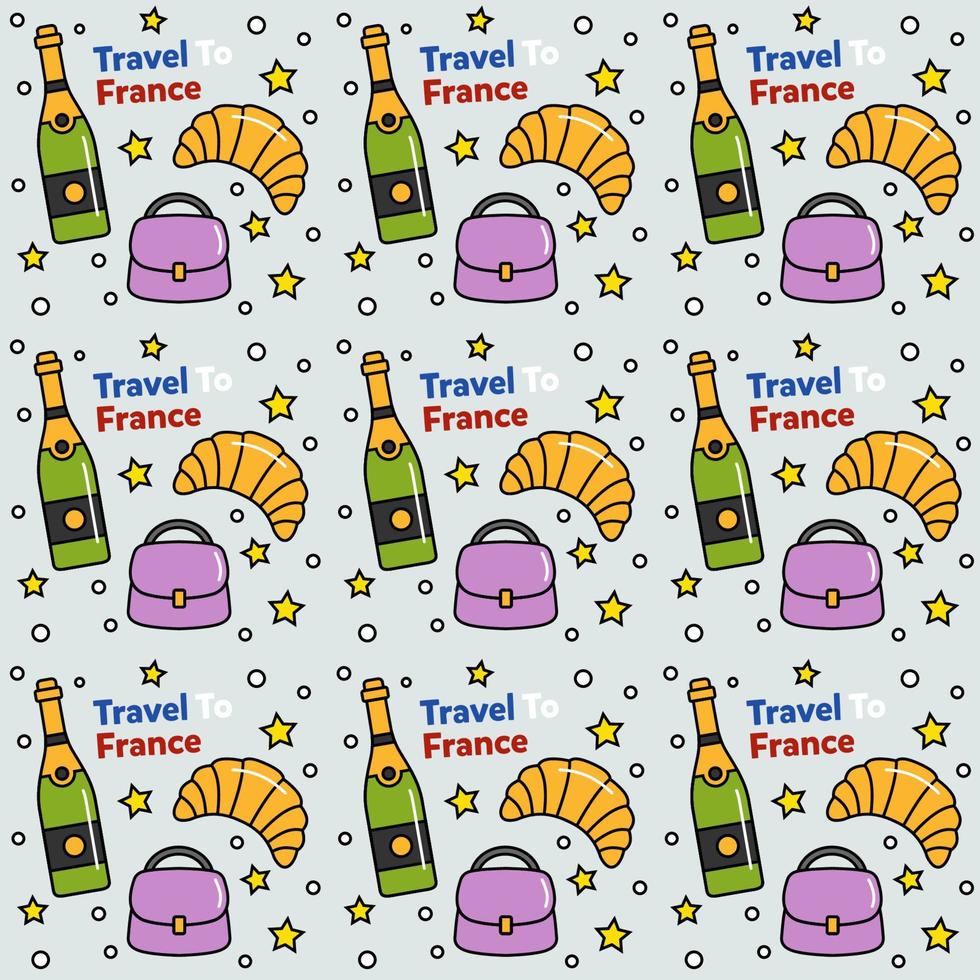 Travel to France doodle seamless pattern vector design. Wine, Rooster, Cheese are identic icons with France