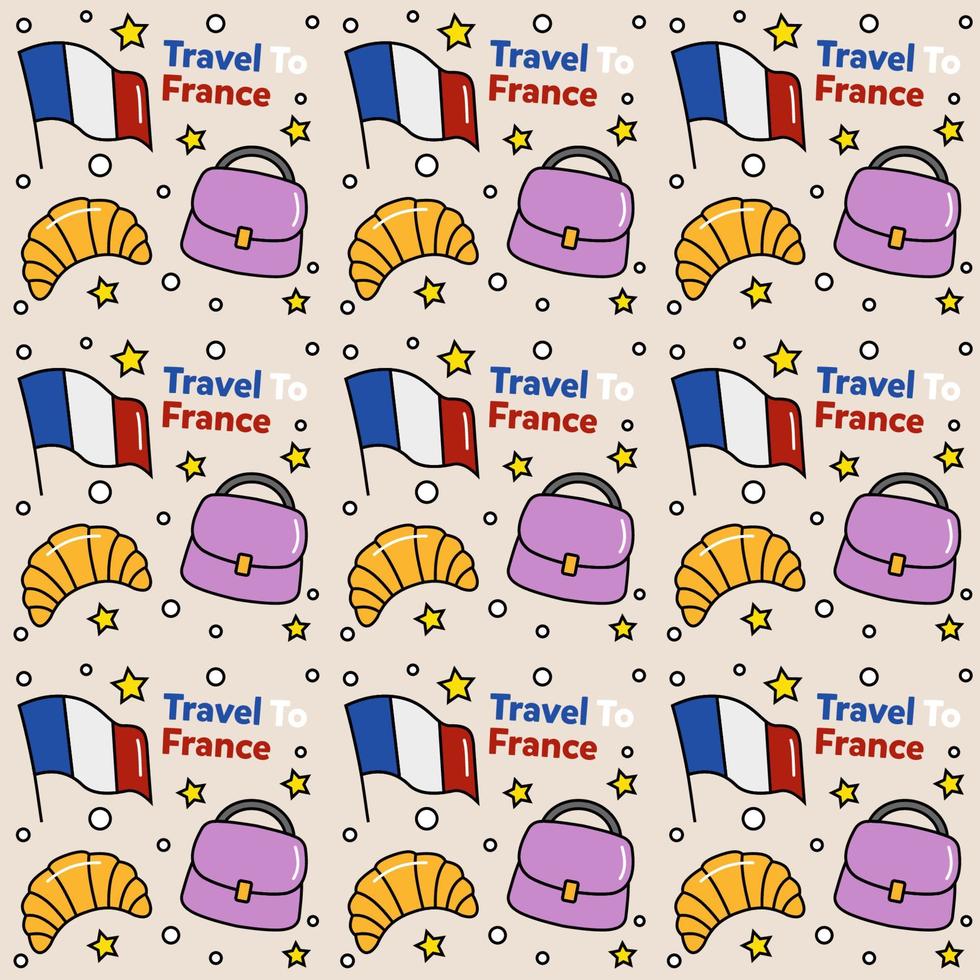 Travel to France doodle seamless pattern vector design. Wine, Rooster, Cheese are identic icons with France