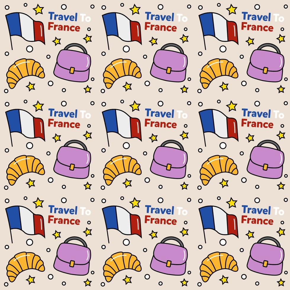 viajar a francia doodle diseño vectorial de patrones sin fisuras. vino, gallo, queso son íconos idénticos con francia vector