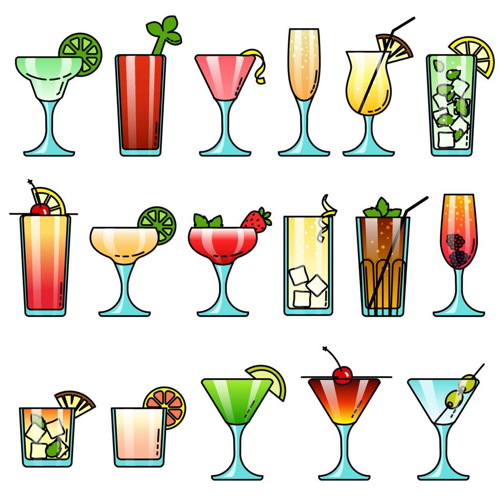 Popular colorful alcohol cocktail drink glasses icon set for menu, party, branding, web, app design in cartoon style. Isolated objects vector illustration