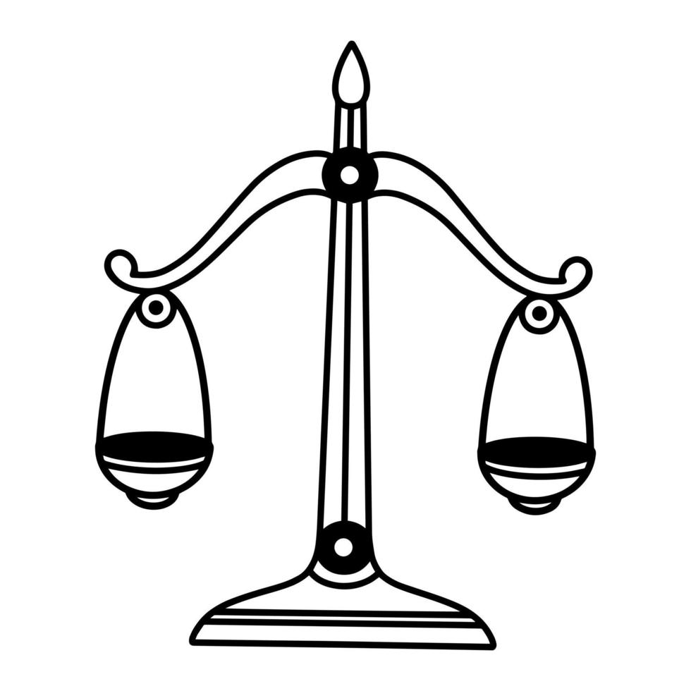 Balanced scales vector icon. Themis sign isolated on white background. Mechanized device on decorative stand. Symbol of law, justice, equality, truth. Measuring tool sketch. Libra