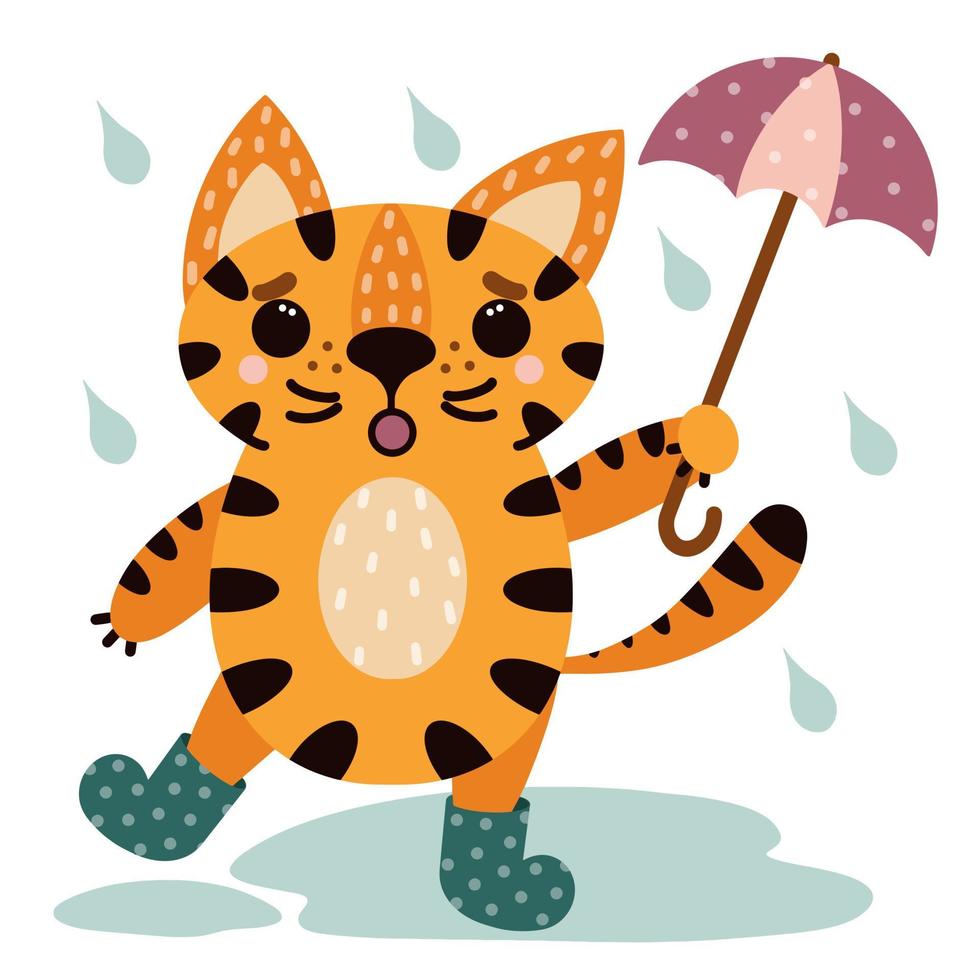 Cute cartoon striped tiger. Animal in rubber boots with an umbrella. Cat in the rain. Vector icon isolated on white. The predator is upset. Flat style. Illustration for children.