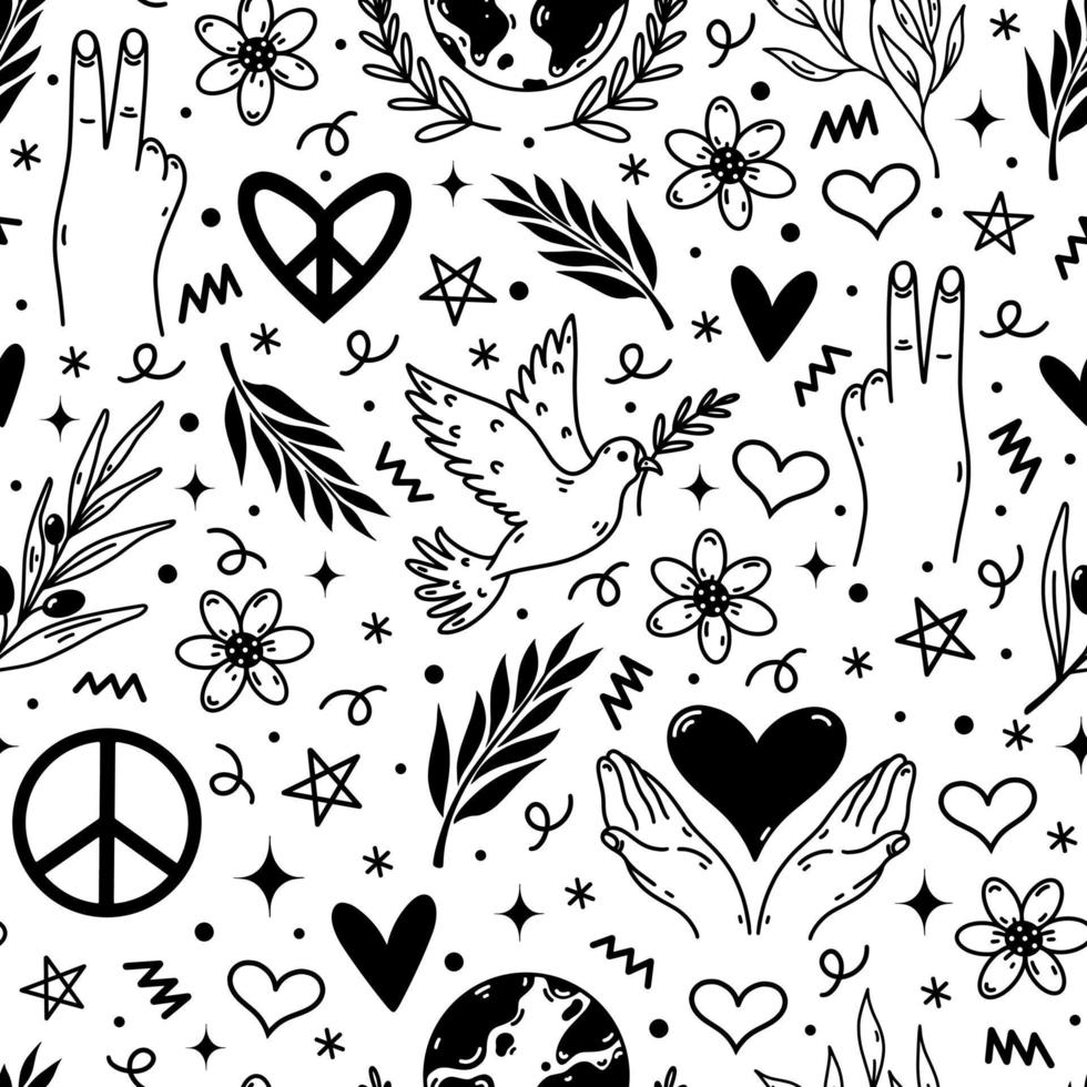 Peace symbol seamless vector pattern. Hand drawn illustration isolated on white background. Pacifism sign - flying dove, olive branch, heart, victory gesture. No war, concept of love, friendship