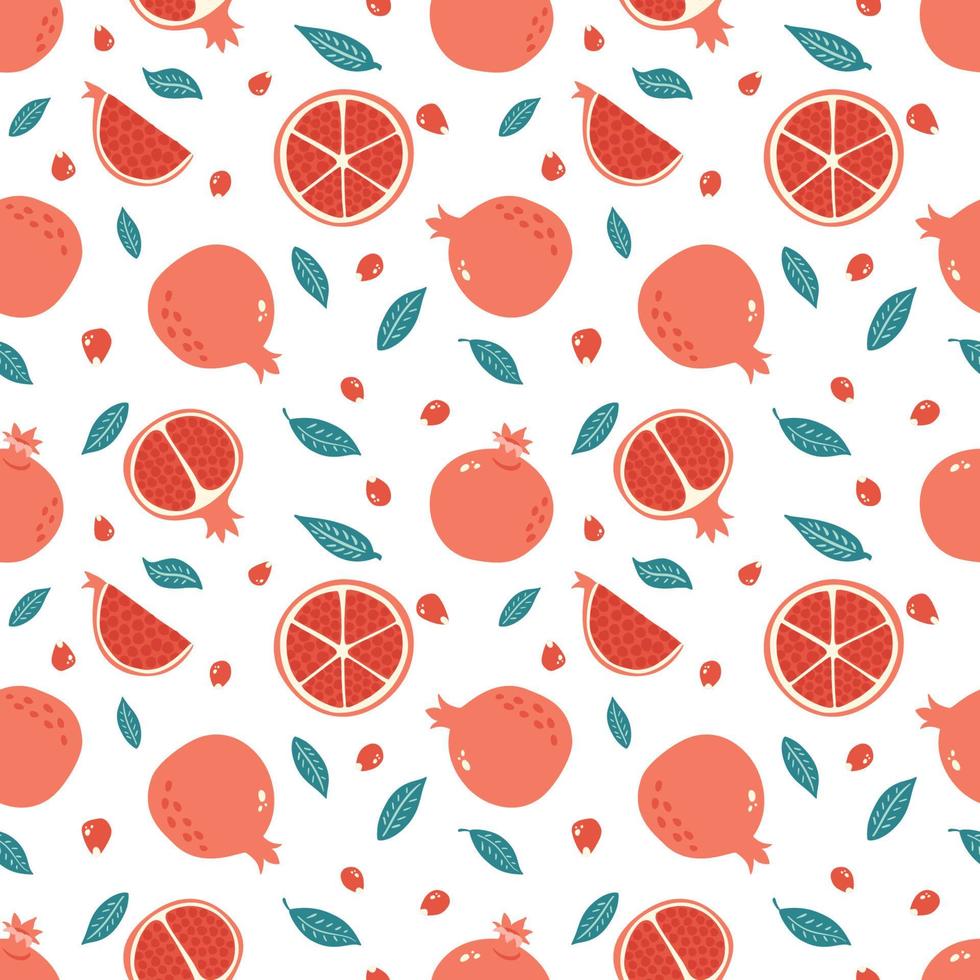 Seamless Pattern with Half, Slice and Whole Garnet, Leaves and Seeds. Pomegranate Hand Drawn Background. Fruit ornament for wallpaper, fabric, menu, wrapping paper, food package and interior design vector