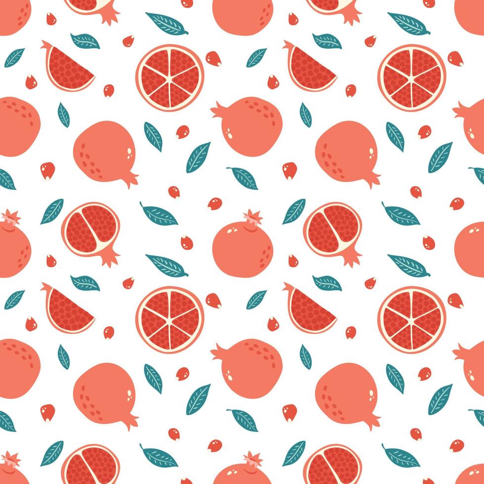 Seamless Pattern with Half, Slice and Whole Garnet, Leaves and Seeds. Pomegranate Hand Drawn Background. Fruit ornament for wallpaper, fabric, menu, wrapping paper, food package and interior design vector