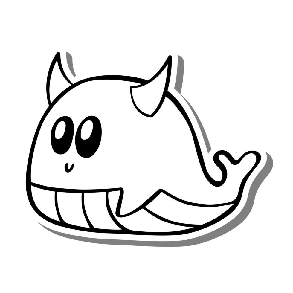 Cute cartoon Devil Whale Monochrome. Doodle on white silhouette and gray shadow. Vector illustration about aquatic animals for any design.