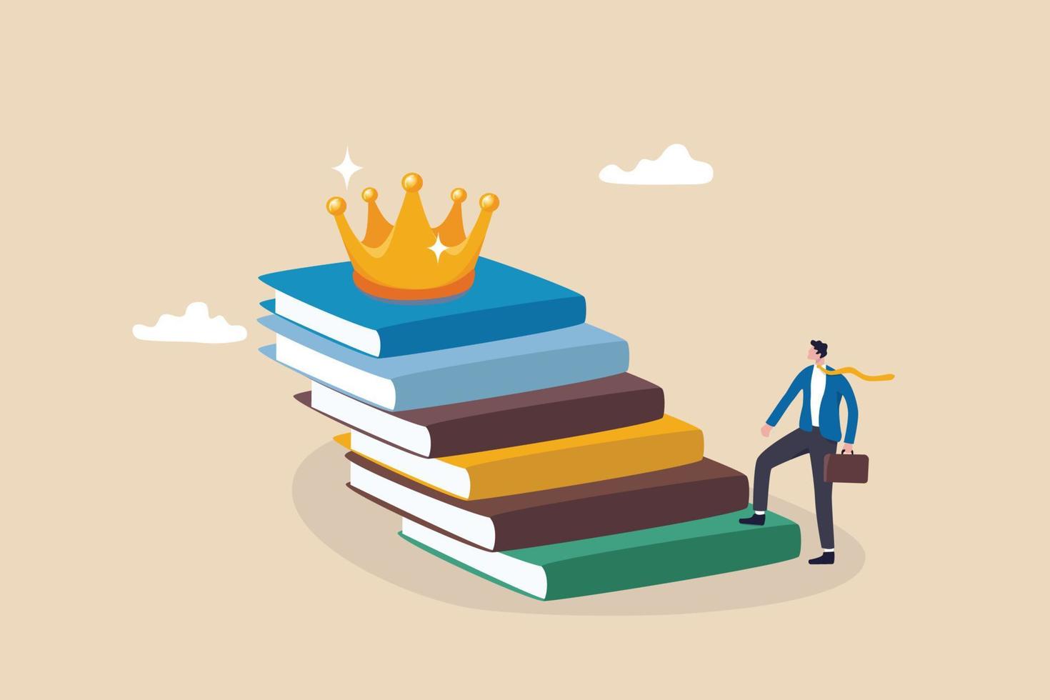 Education or knowledge steps to success, learning or study for skill development to achieve business success concept, businessman step up on stack of books as staircase to achieve crown at the top. vector