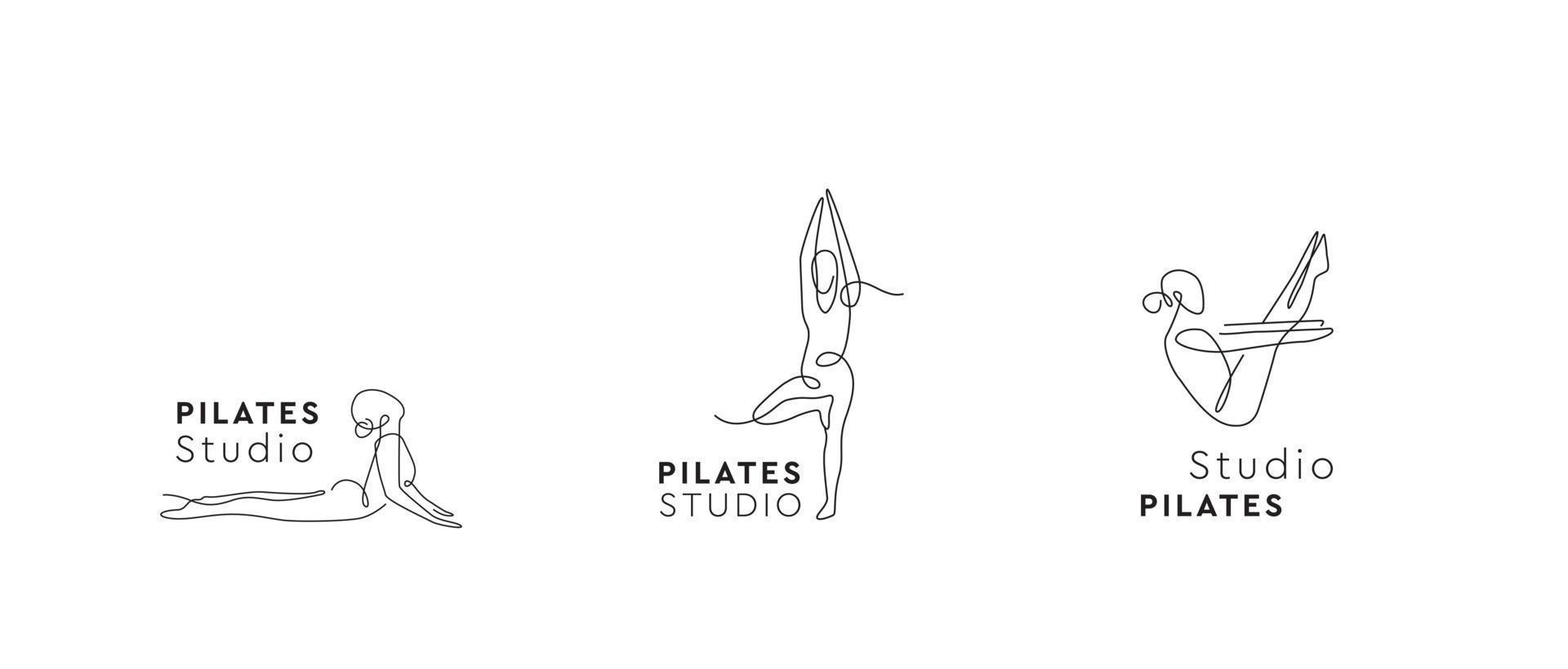 conjunto de logotipos de estudio de yoga. signo de una línea. logotipo del centro de pilates. símbolo vectorial asana. vector