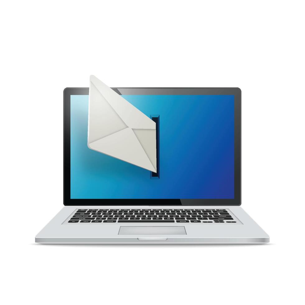 Realistic laptop on white background. Emails fly out of laptop screen. The concept of e-mailing. vector