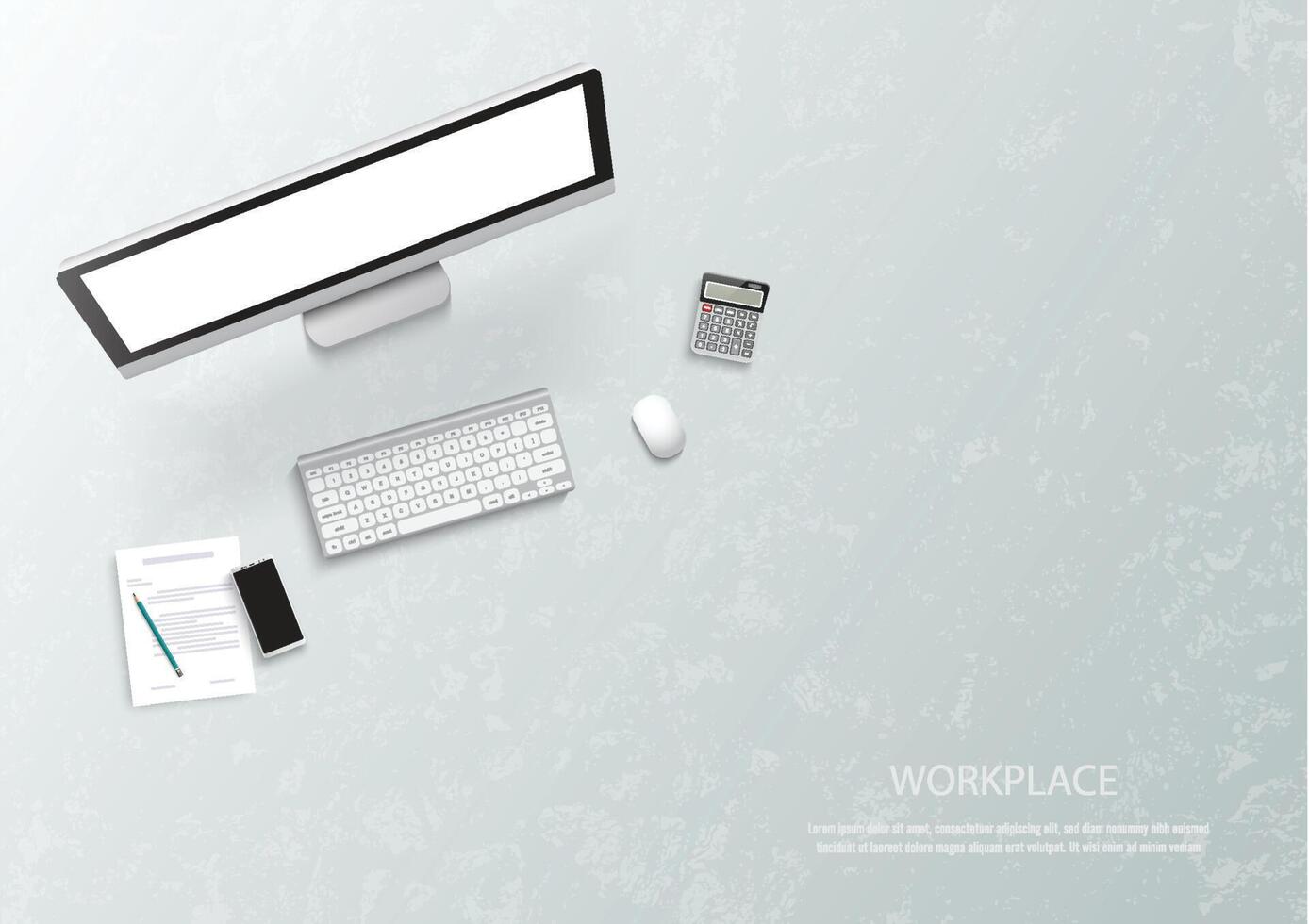 Top view of workplace background, monitor, keyboard, notebook, phone, documents, folder, planner, calculator, Workspace, analytics, optimization, management. Vector