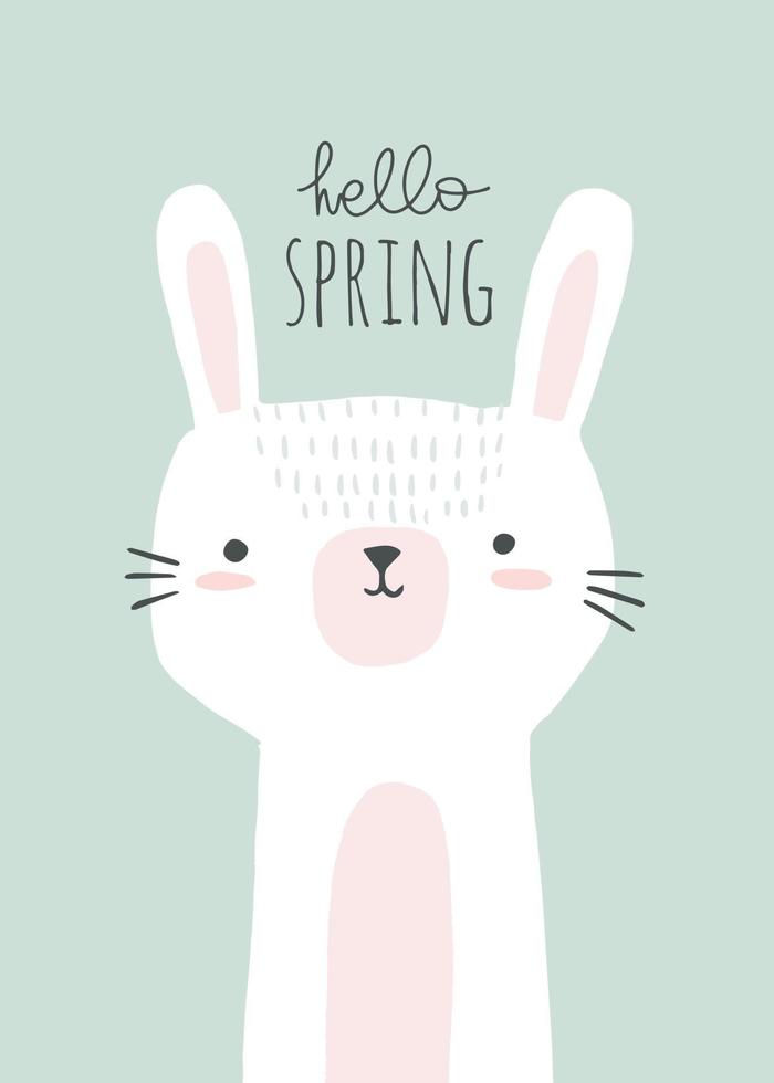 Cute bunny illustration with hello spring lettering. Hello spring design element, poster design, card. Happy Easter. vector