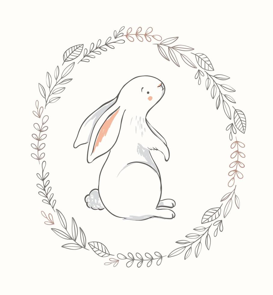 Cute bunny illustration with spring wreath. Hand drawn vector rabbit character for baby girl nursery, easter cards, posters.