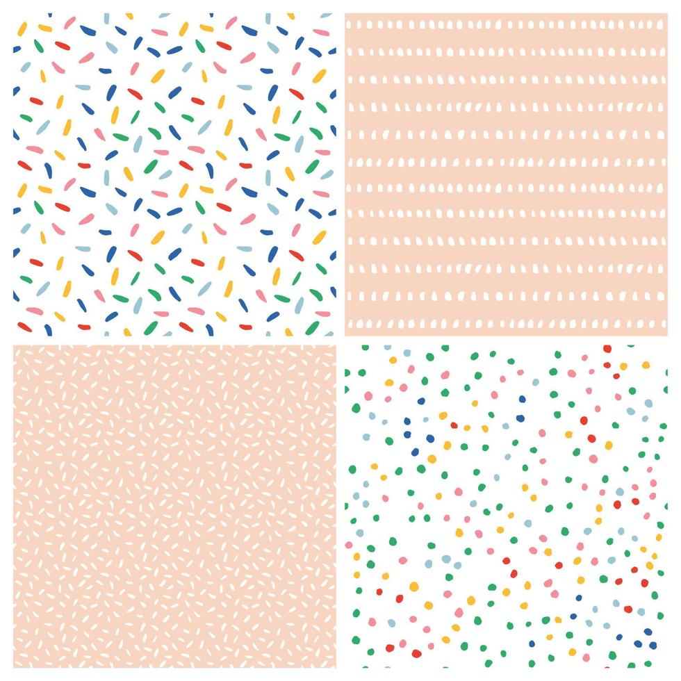 Abstract vector pattern set. Collection of festive seamless background with confetti, dots and sprinkles.