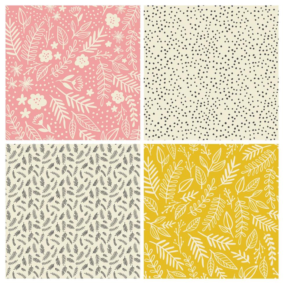 Set of hand drawn vector patterns with flower, branches, leaves and dots. Vintage doodle seamless backgrounds and textures.