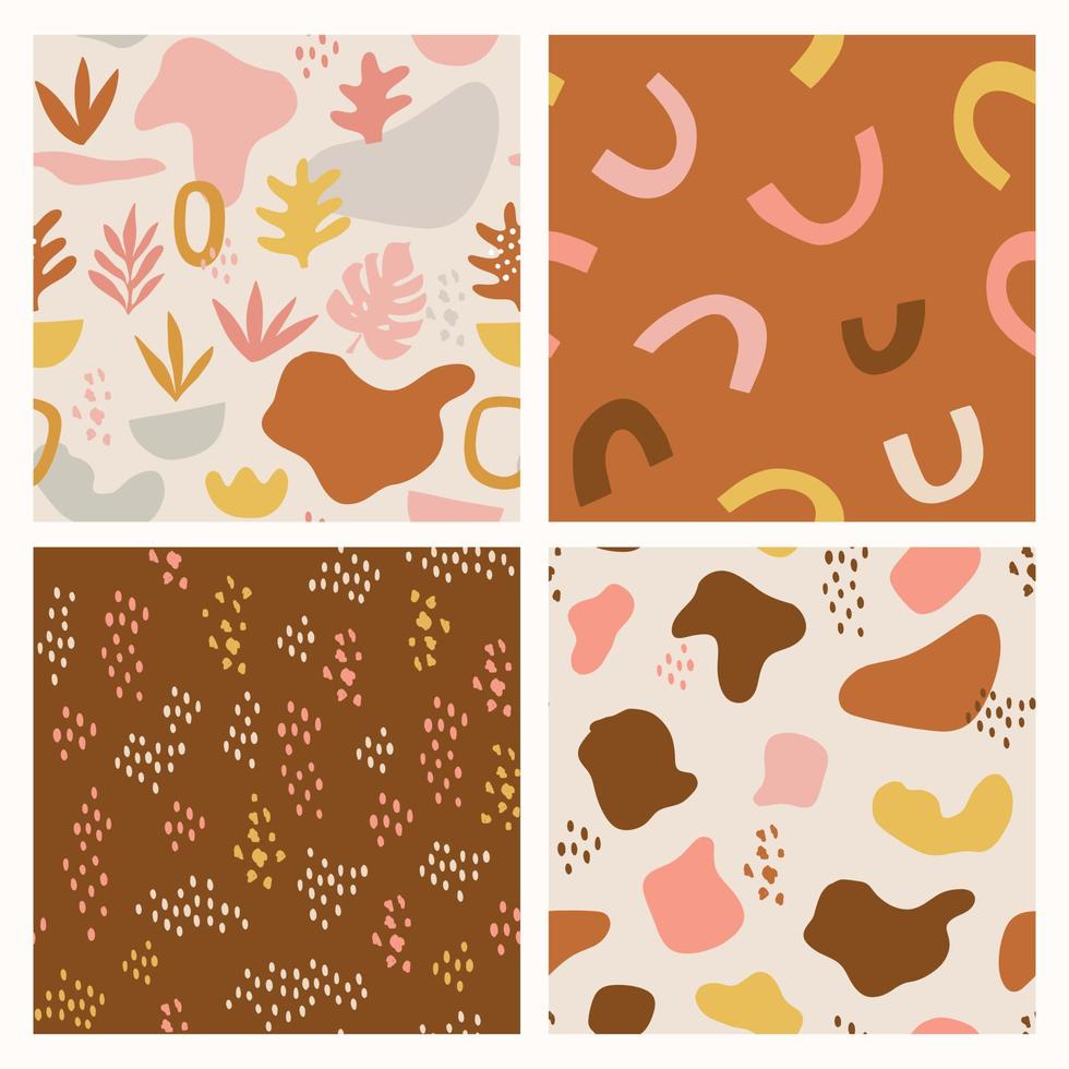 Set of abstract patterns with hand drawn abstract shapes, leaves, blobs. Tropical summer, trendy, scandinavian kids fabric, wrapping texture, textile, wallpaper, poster, apparel. vector