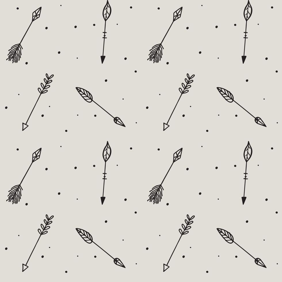 Tribal arrows pattern, Hand drawn seamless vector doodle background. Black arrows on beige background.