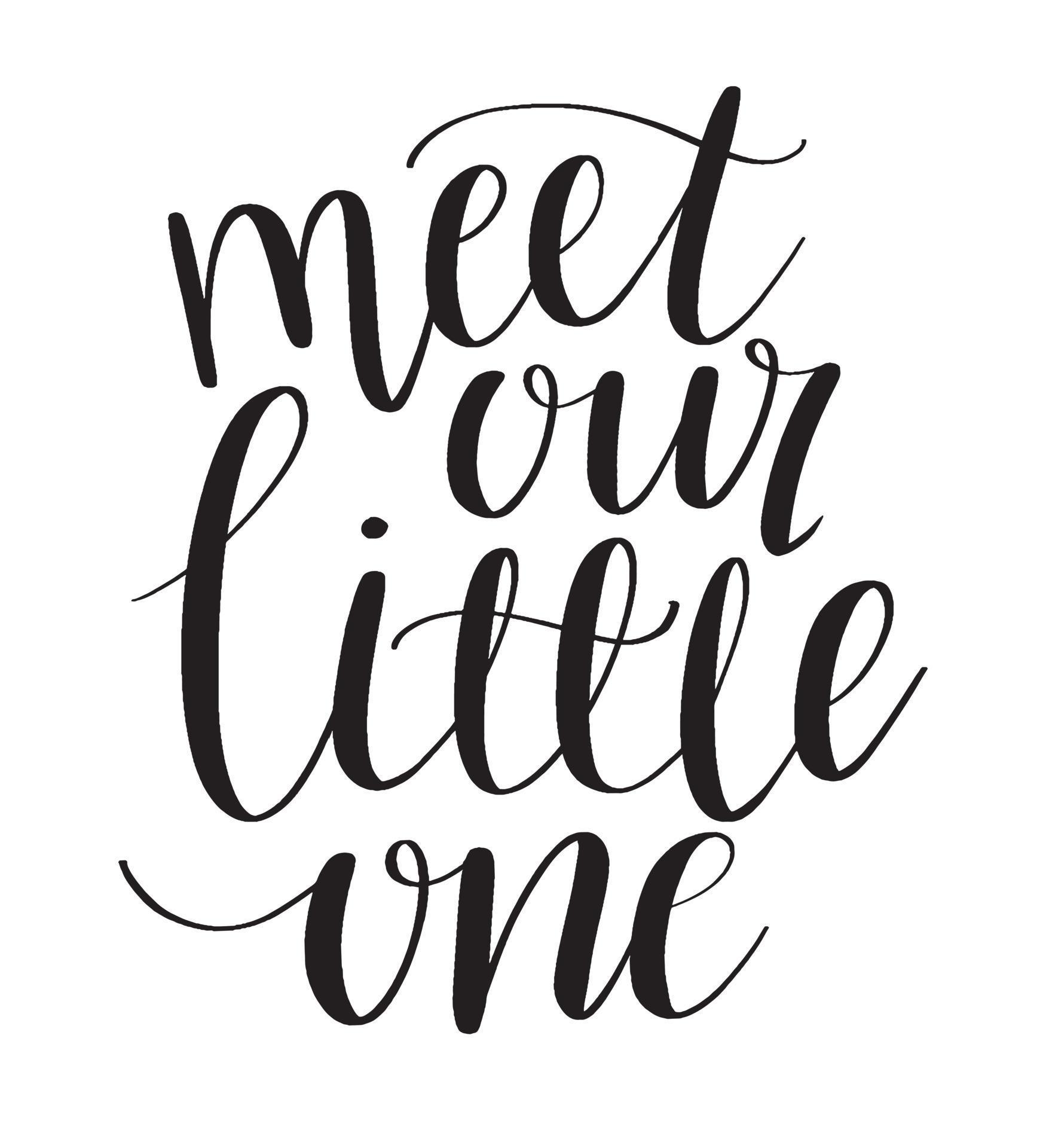 Meet our little one modern calligraphy. Hand lettering phrase, quote