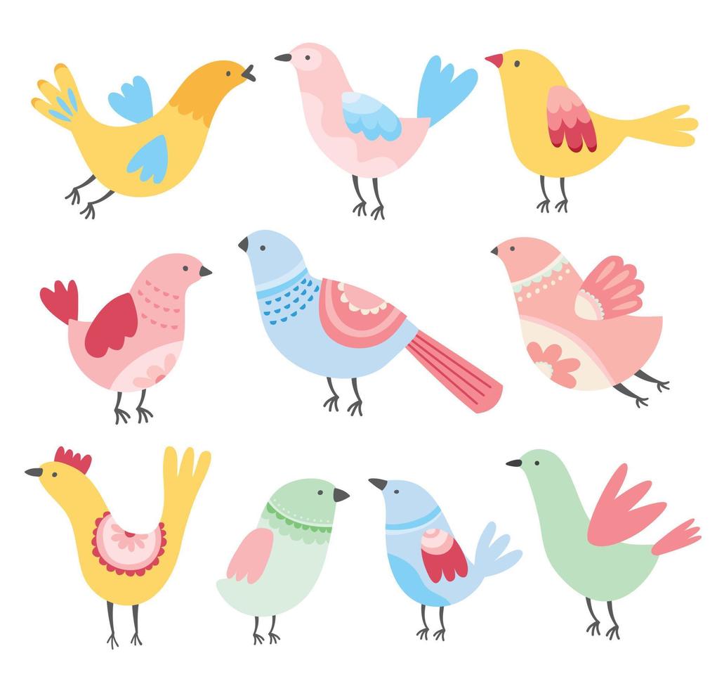 Cute birds vector. Cartoon set of colorful birds. Whimsical spring birds. Colorful and happy. vector