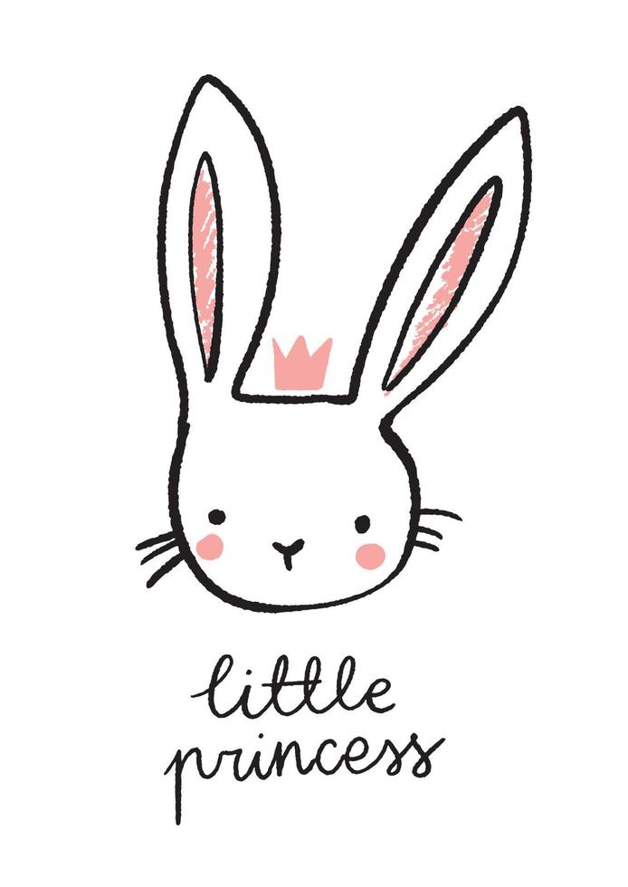 Bunny head vector. Cute hand drawn little princess illustration. Sweet rabbit character with a crown. vector