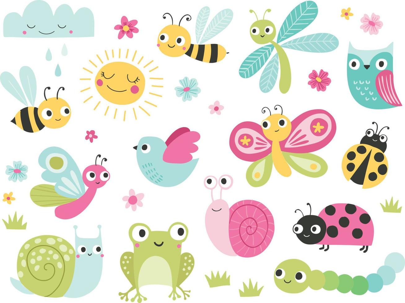 Cute bugs and animals character set. Funny cartoon insects, butterfly, bee, frog, owl, snail, ladybug. Garden, pond, meadow creatures. Spring and summer vector illustration for kids.