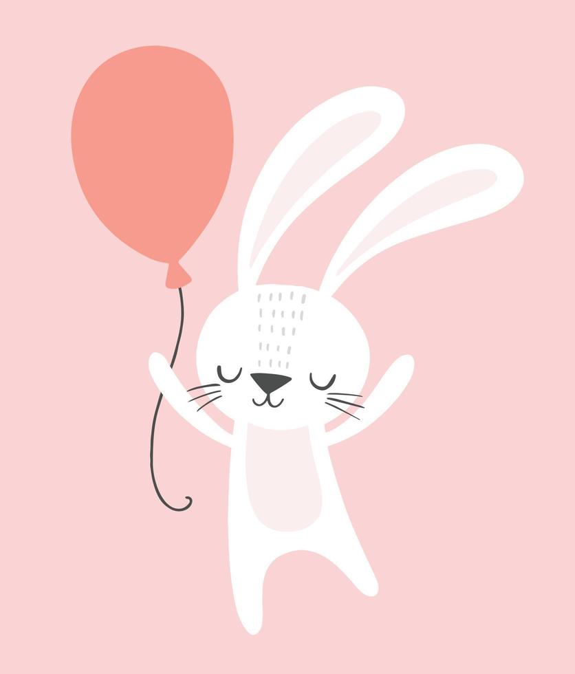 lindo conejo de cumpleaños con un globo. ilustración de vector de conejito de dibujos animados divertido para tarjetas de cumpleaños, invitaciones, poster de guardería, impresión de arte y ropa de bebé.