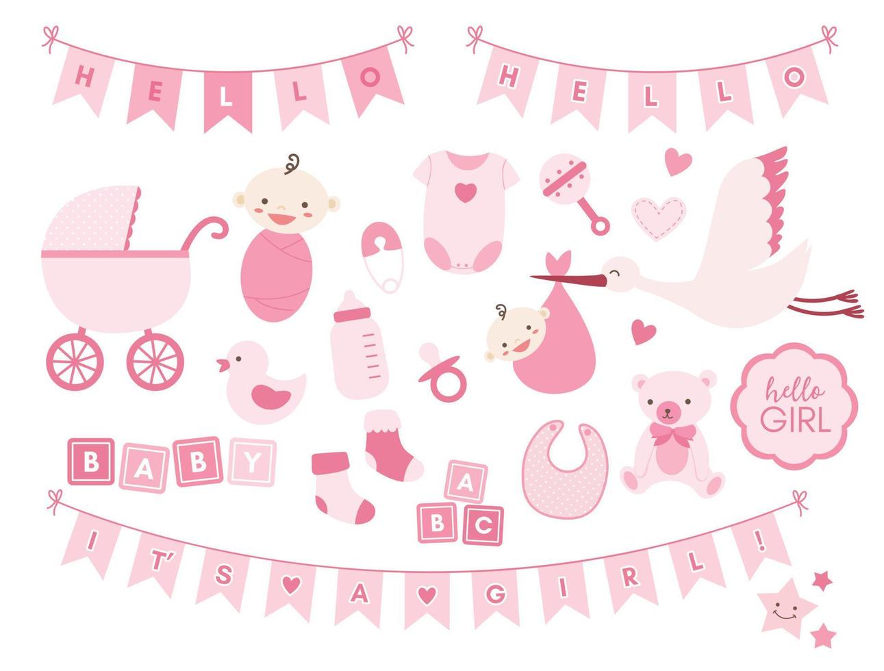 Boy girl shower design elements. Vector set of cute newborn icons.