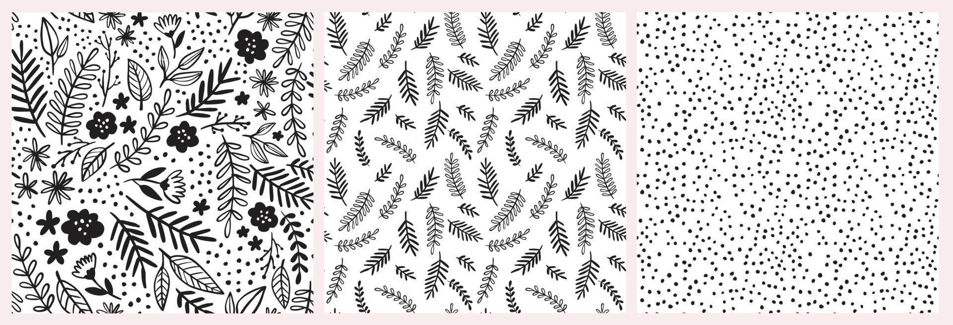 Doodle floral vector pattern set. Seamless backgrounds with hand drawn flowers, leaves, branches and dots. Graphic monochrome black and white design.