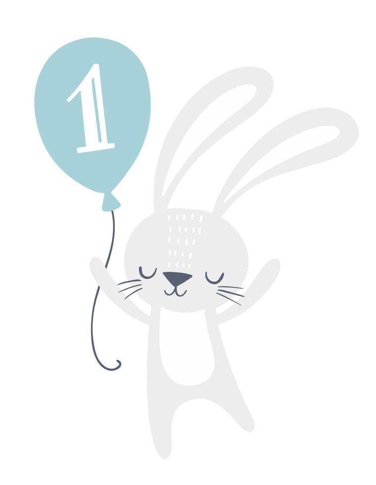 First birthday invitation card design with cute bunny holding a balloon with number one on it. Kids party, greeting card, nursery wall art, poster. vector