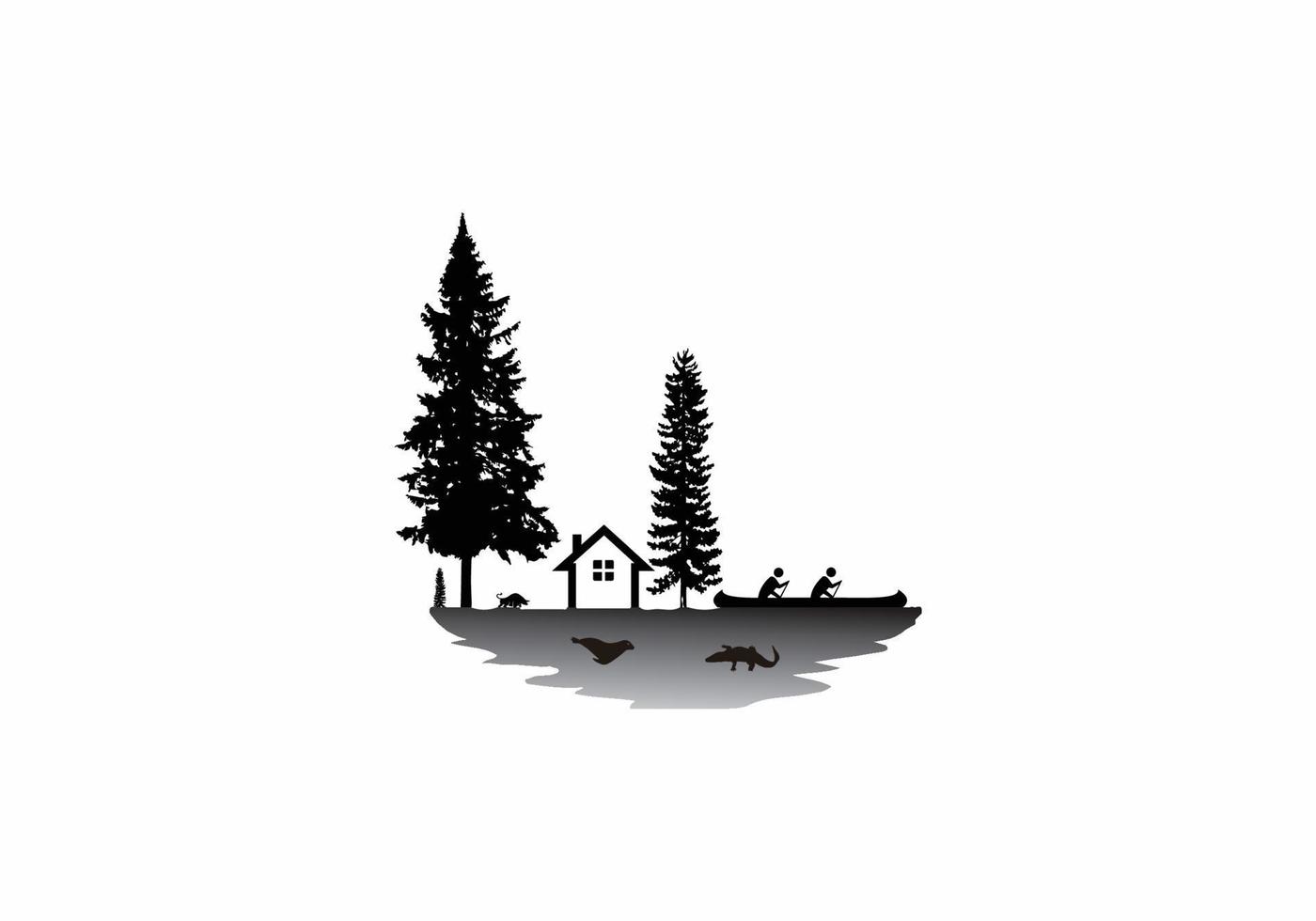 River side pine tree with man's paddle, icon symbol for camping or adventure. vector